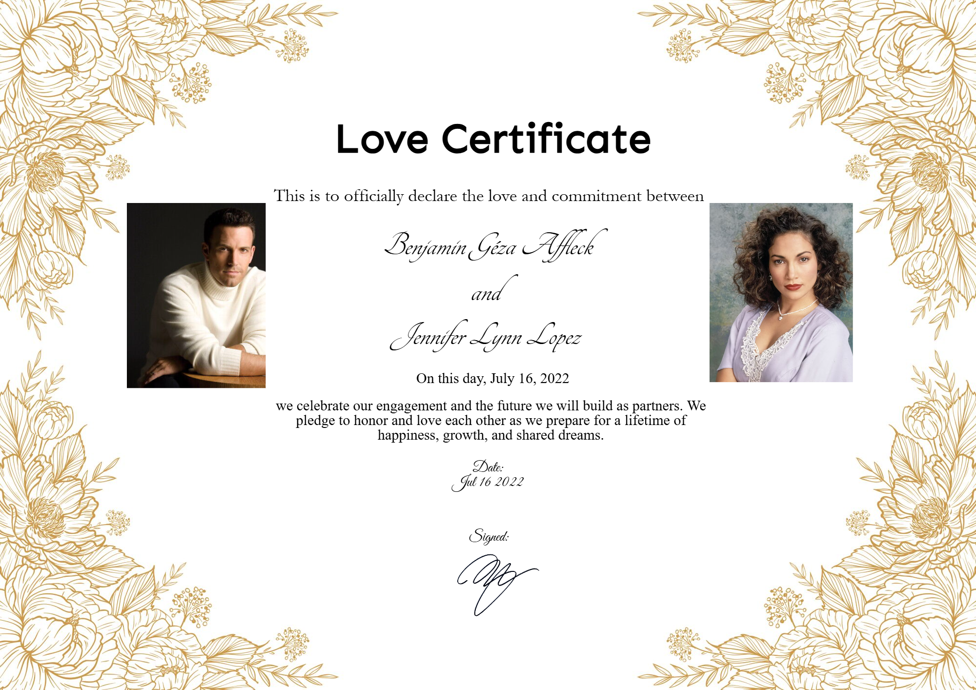 Love certificate for Ben Affleck and Jennifer Lopez – celebrating their romantic journey