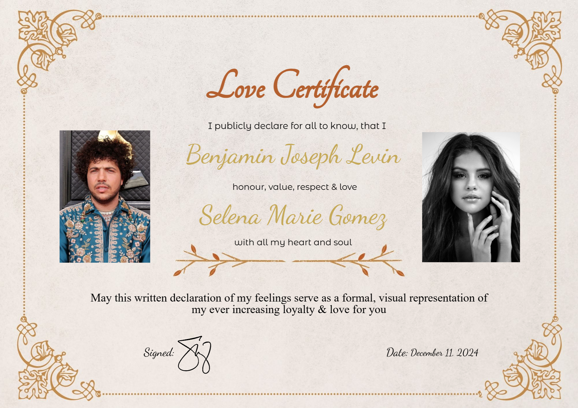 Benny Blanco and Selena Gomez relationship certificate design
