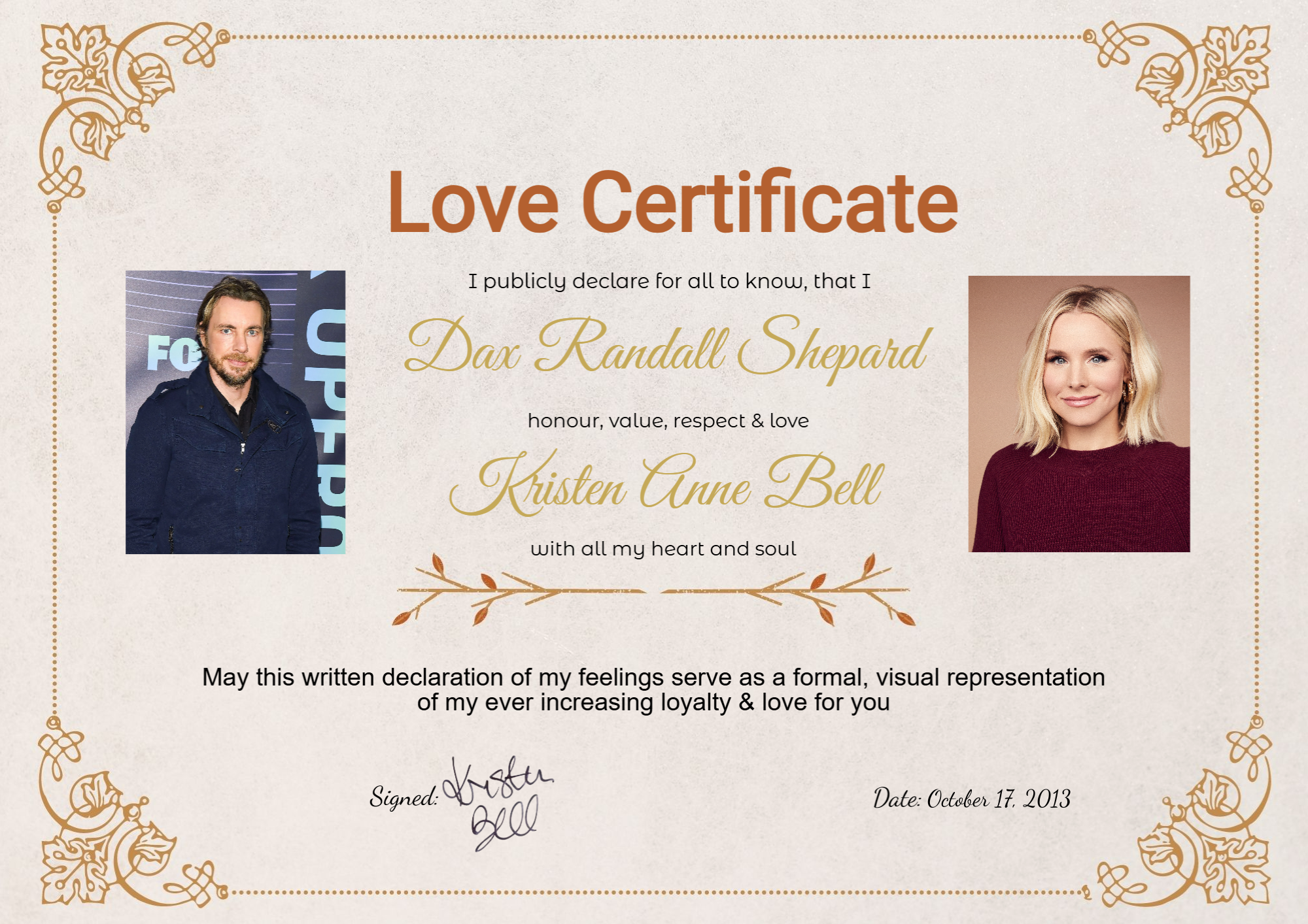 Romantic love certificate featuring Hollywood couple Dax Shepard and Kristen Bell – symbolizing lasting celebrity relationship and commitment