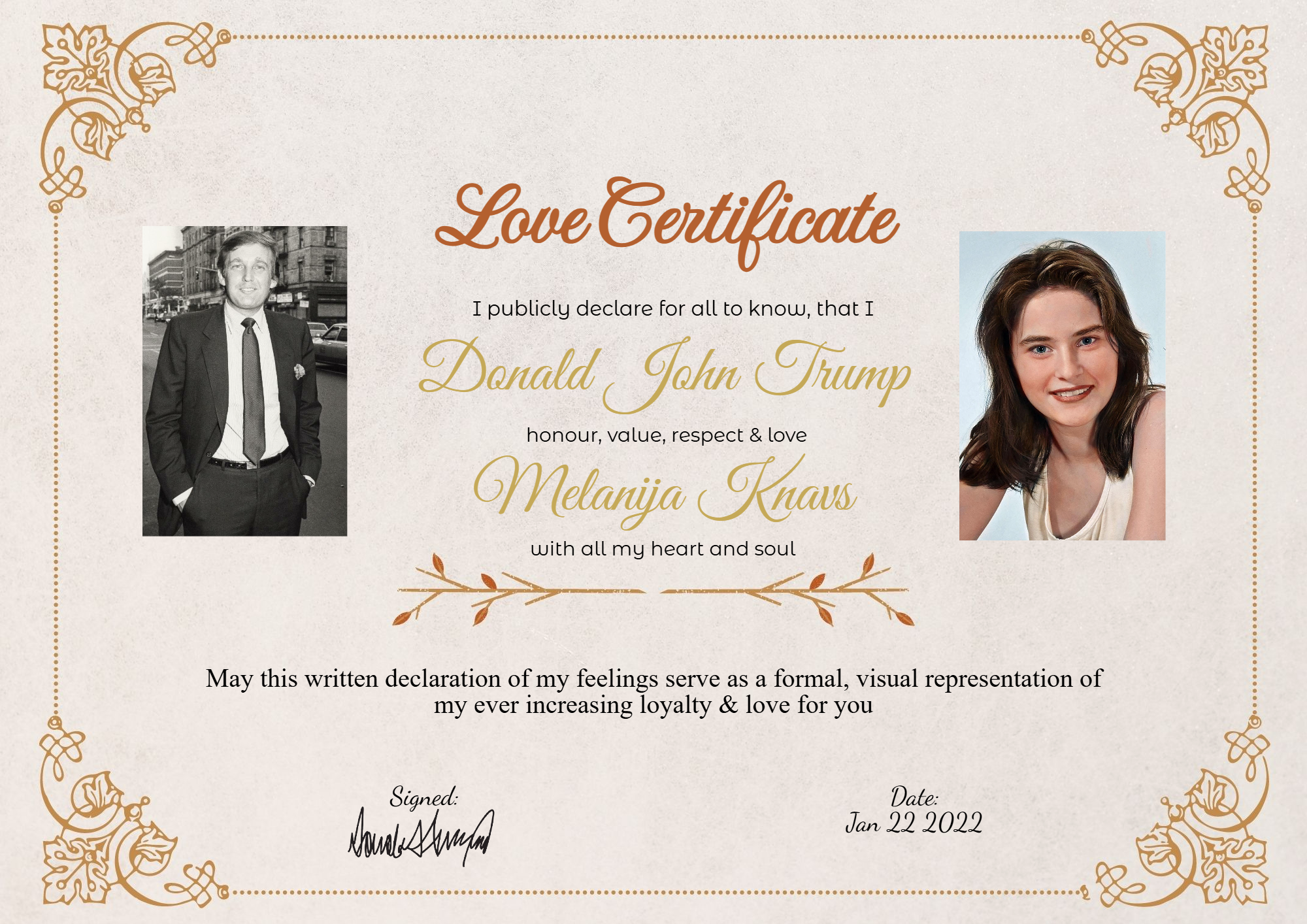 Romantic love certificate featuring Donald and Melania Trump