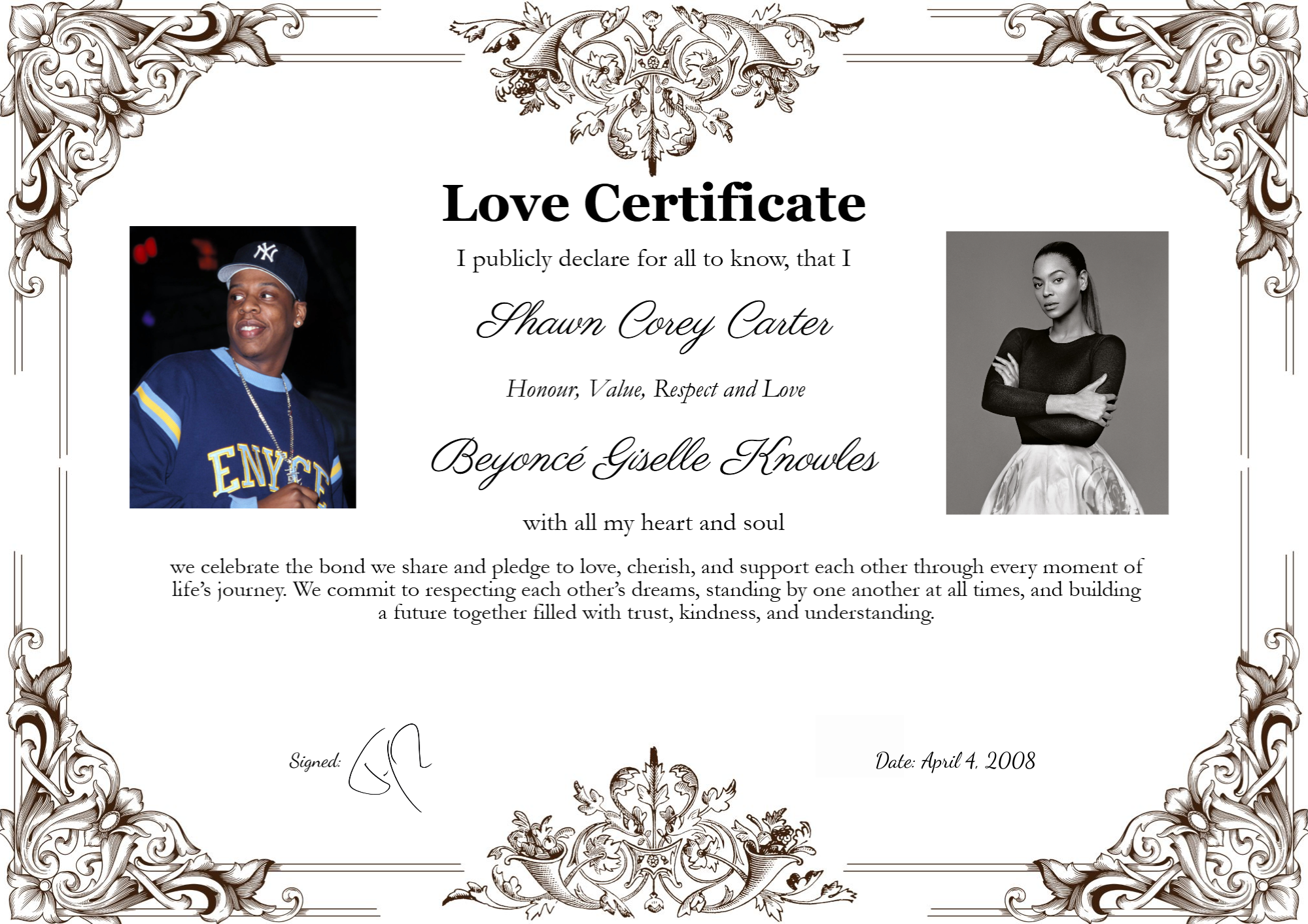 Custom love certificate featuring celebrity couple Jay Z and Beyoncé
