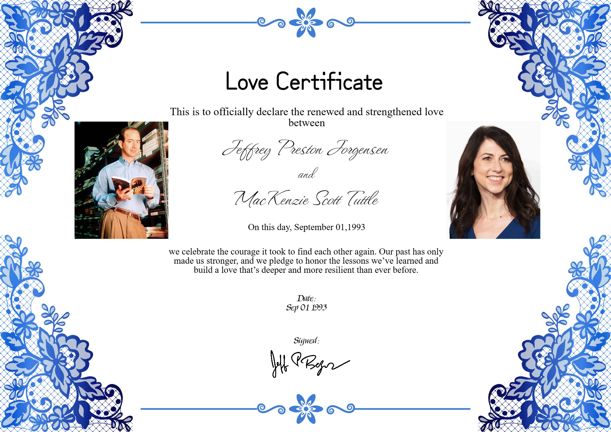 Love certificate featuring Jeff Bezos and MacKenzie Scott, symbolizing their past relationship and marriage.