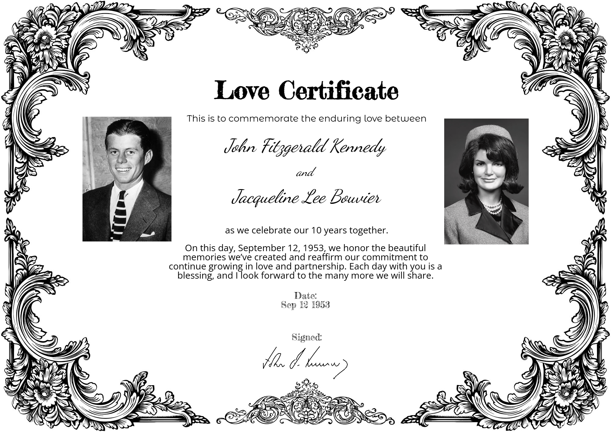 Elegant love certificate honoring the iconic romance of John F. Kennedy and Jackie Kennedy
