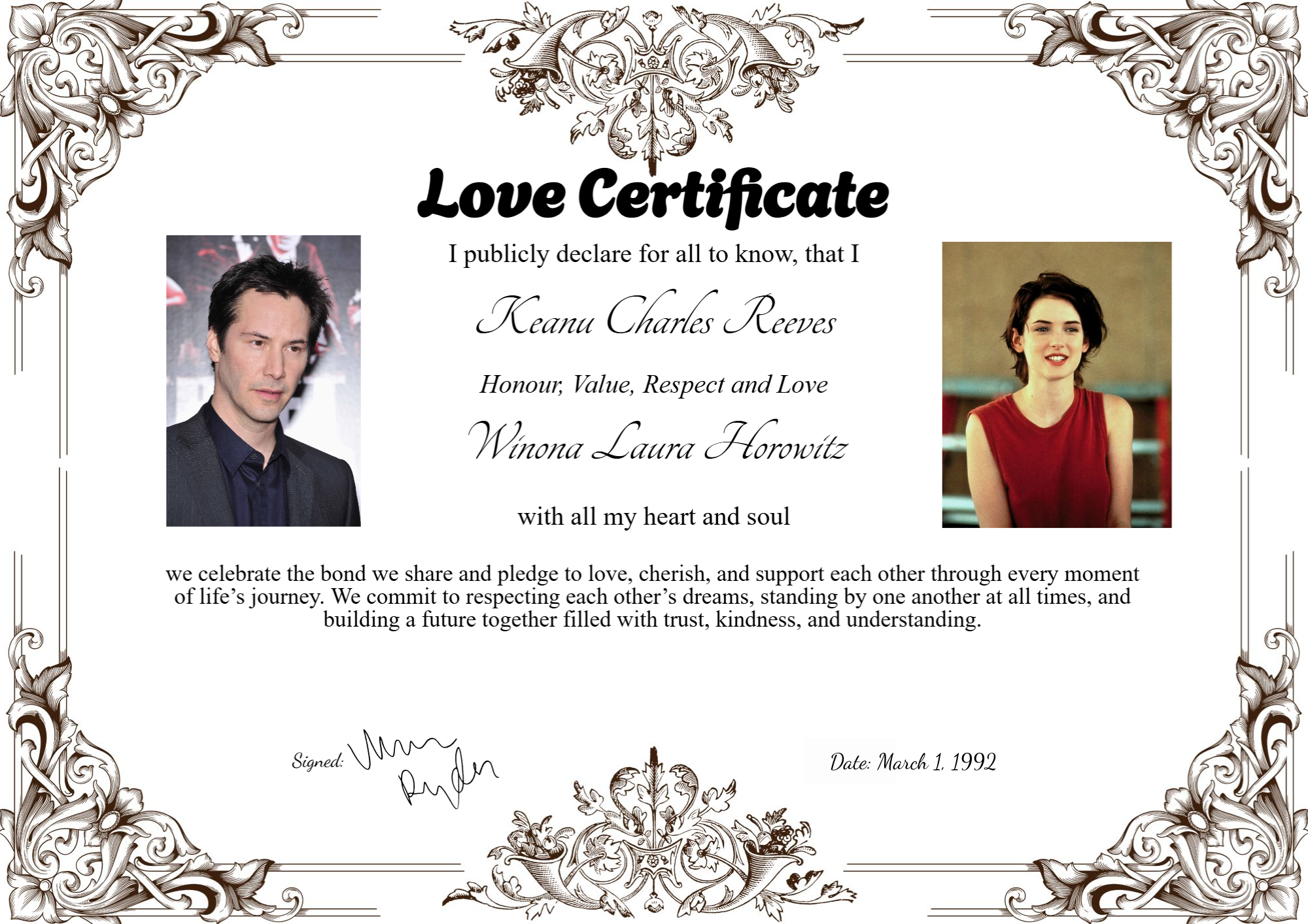 Romantic love certificate featuring Keanu Reeves and Winona Ryder's names