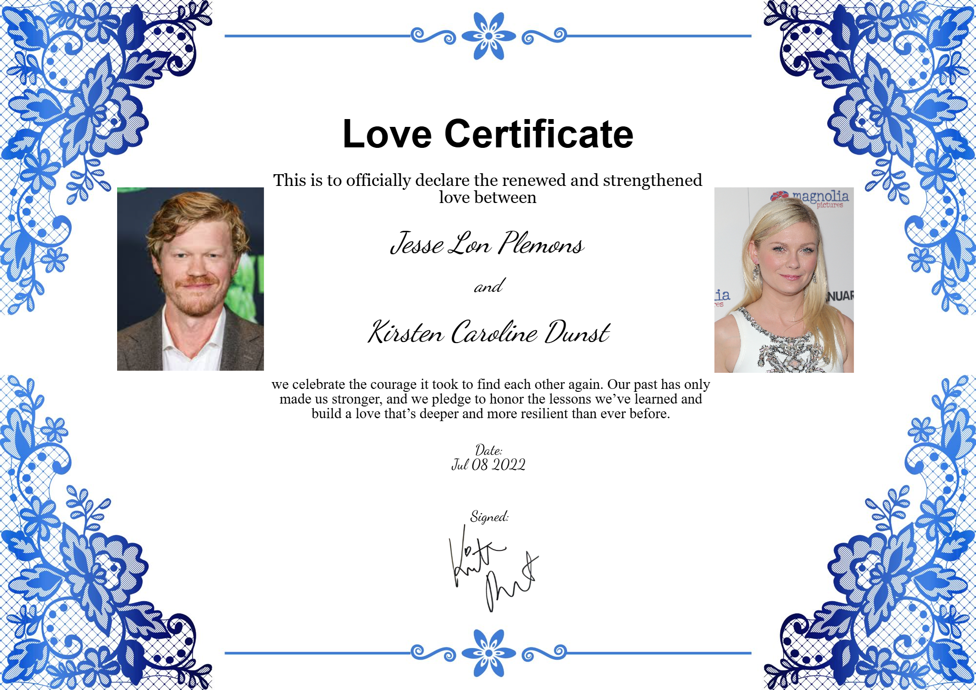 Love certificate featuring Kirsten Dunst and Jesse Plemons