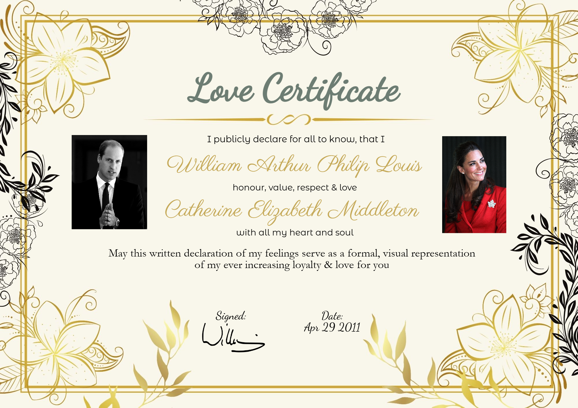 Romantic love certificate featuring Prince William and Kate Middleton
