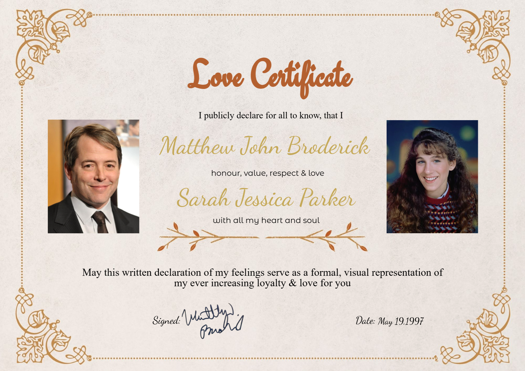 Personalized love certificate celebrating the relationship of Sarah Jessica Parker and Matthew Broderick