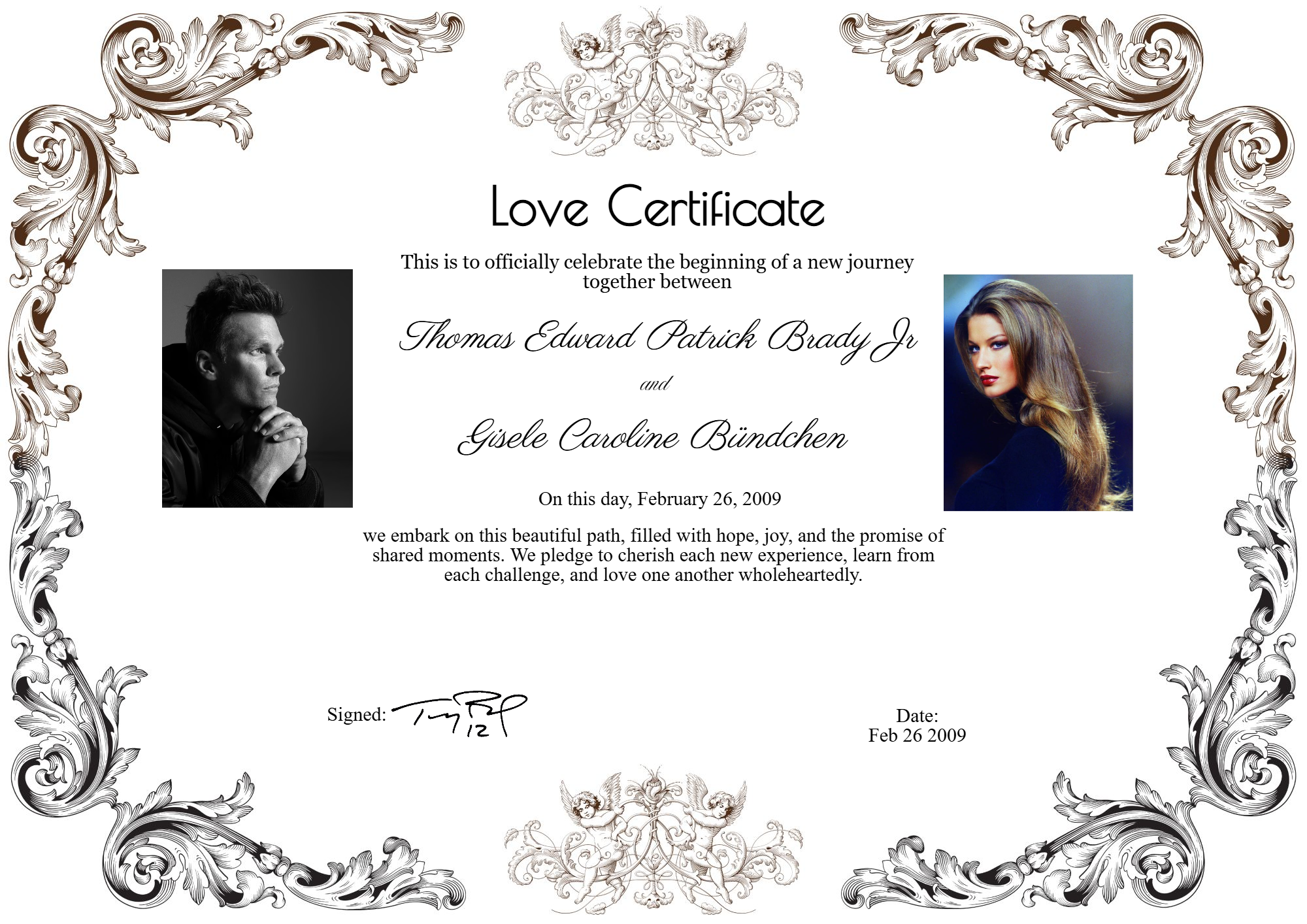 Love certificate commemorating the romance of Tom Brady and Gisele Bündchen