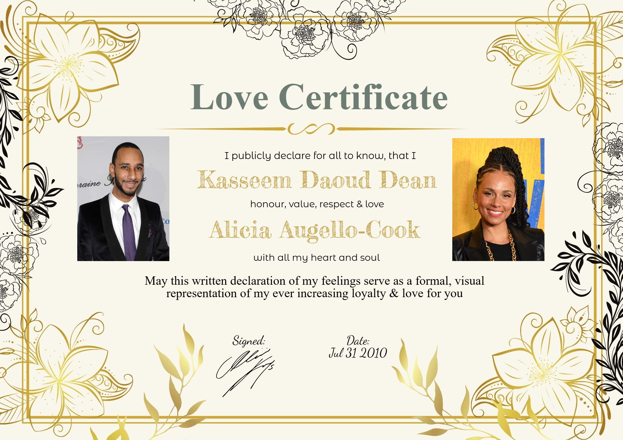 Custom Love Certificate Inspired by Alicia Keys & Swizz Beatz Marriage