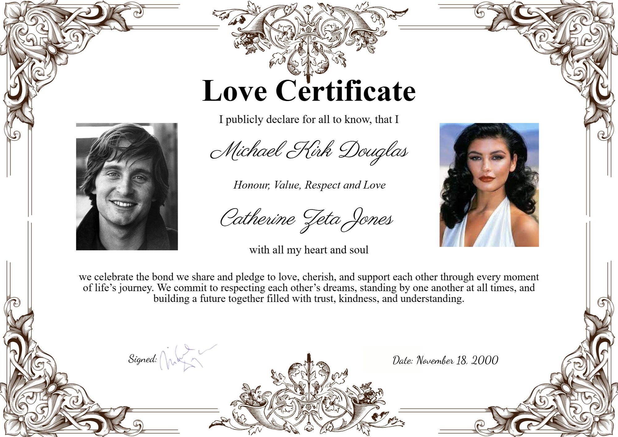 Love certificate of Catherine Zeta-Jones and Michael Douglas celebrating their lasting marriage