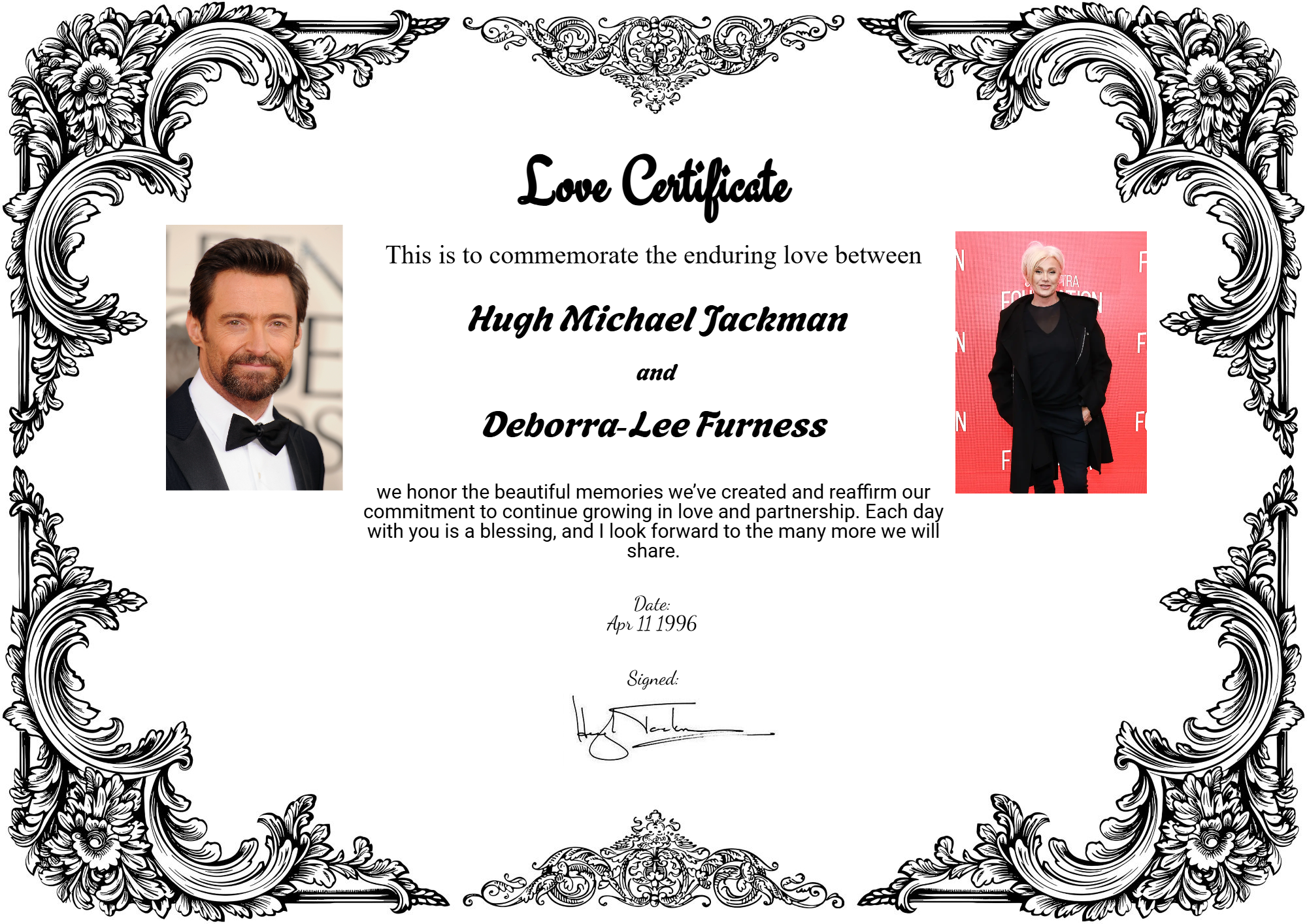 Love certificate of Hugh Jackman and Deborra-Lee Furness celebrating their marriage