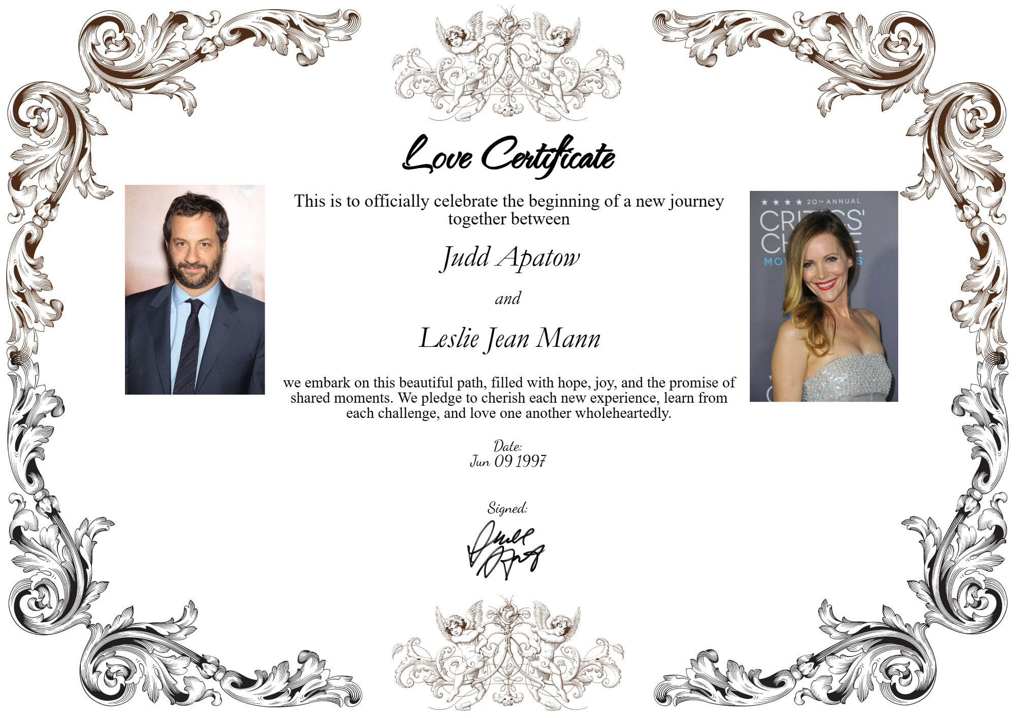 Judd Apatow and Leslie Mann love certificate celebrating their lasting relationship