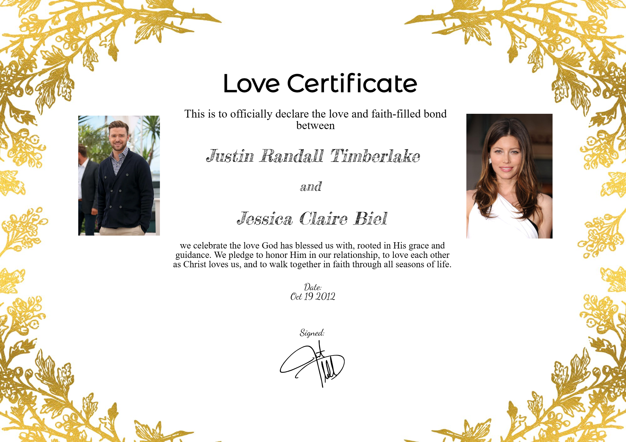 Love certificate of Justin Timberlake and Jessica Biel celebrating their relationship