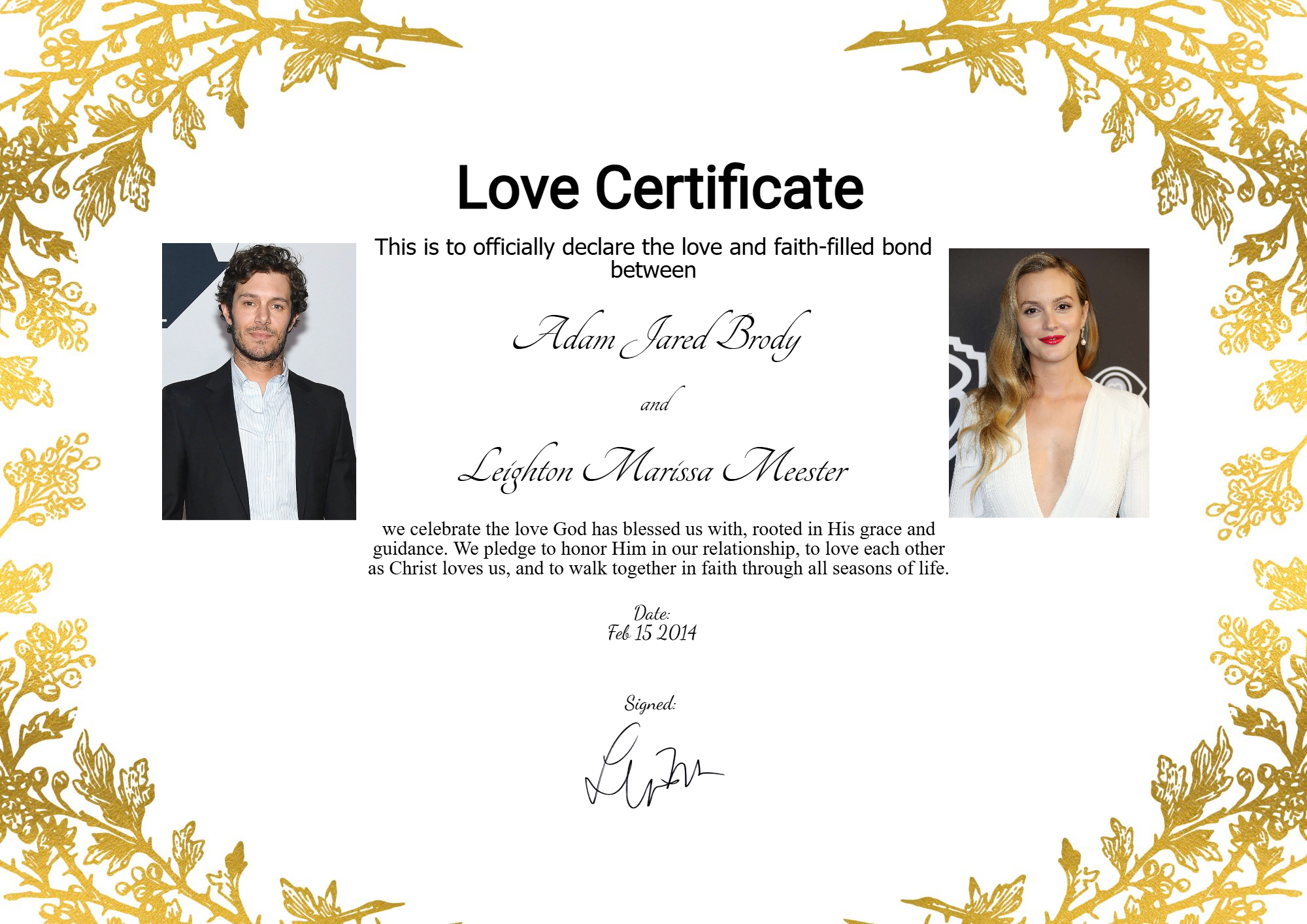 Love certificate for Leighton Meester and Adam Brody