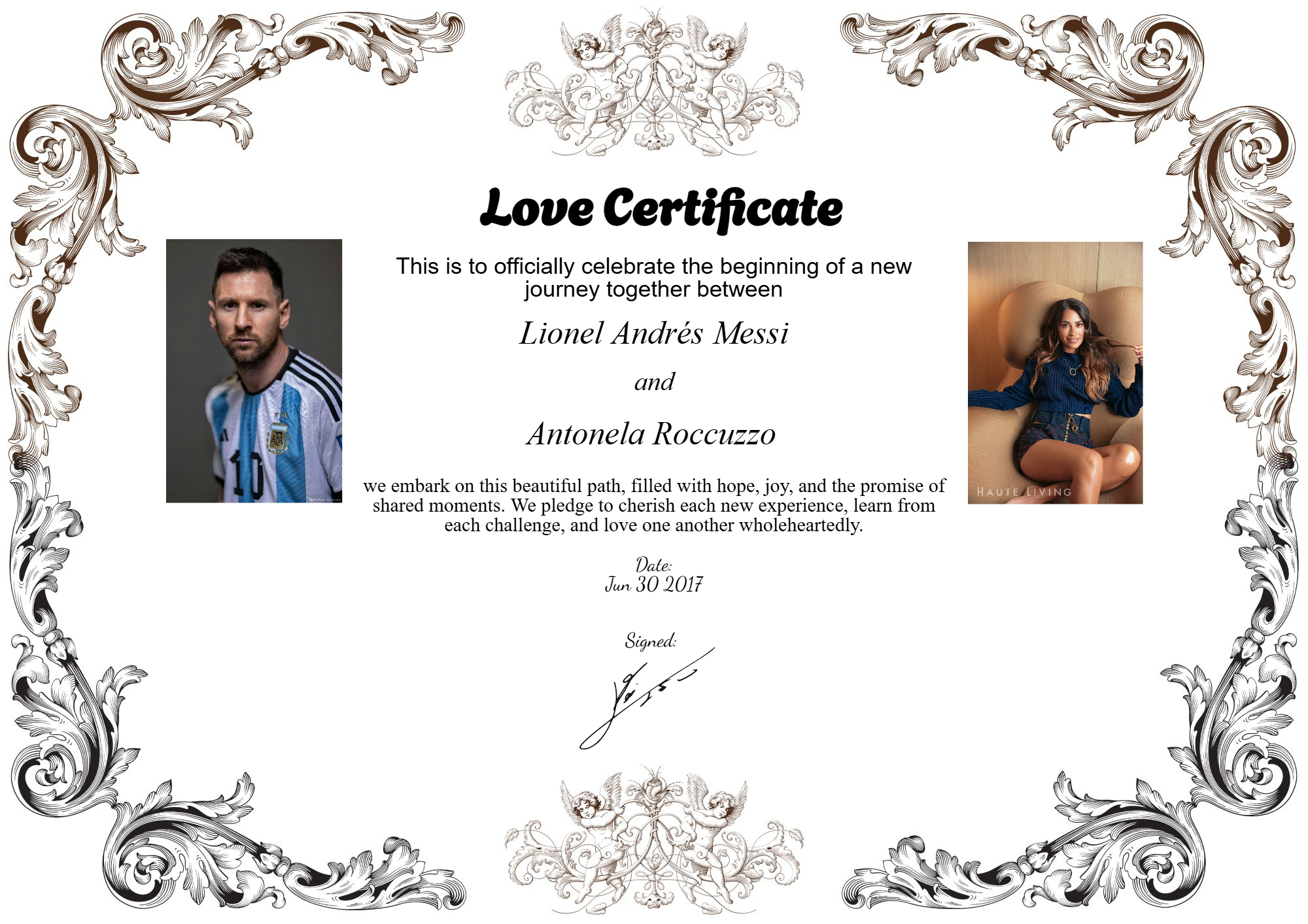 Romantic certificate for Lionel Messi and Antonela Roccuzzo