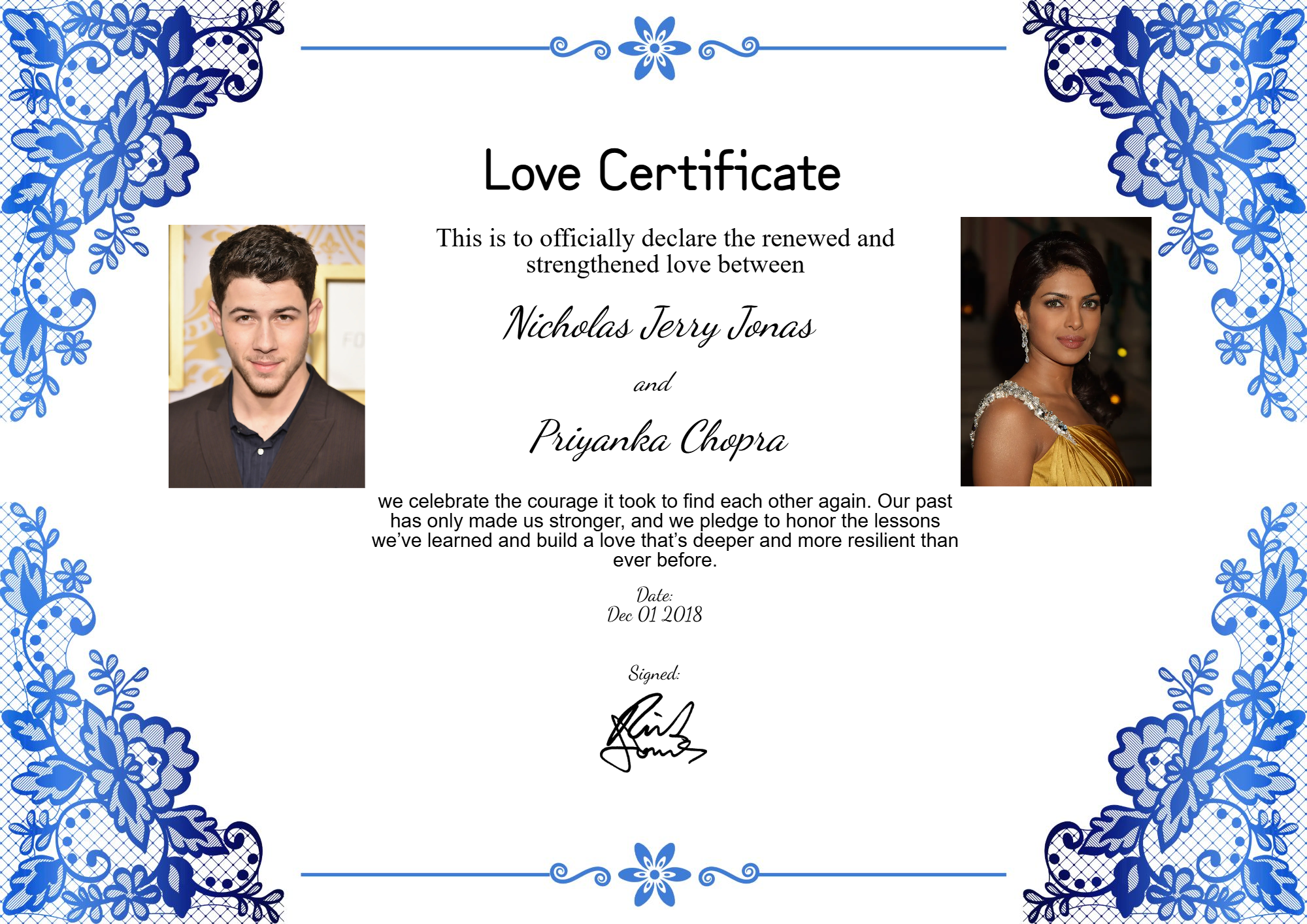 Romantic love certificate of Nick Jonas and Priyanka Chopra