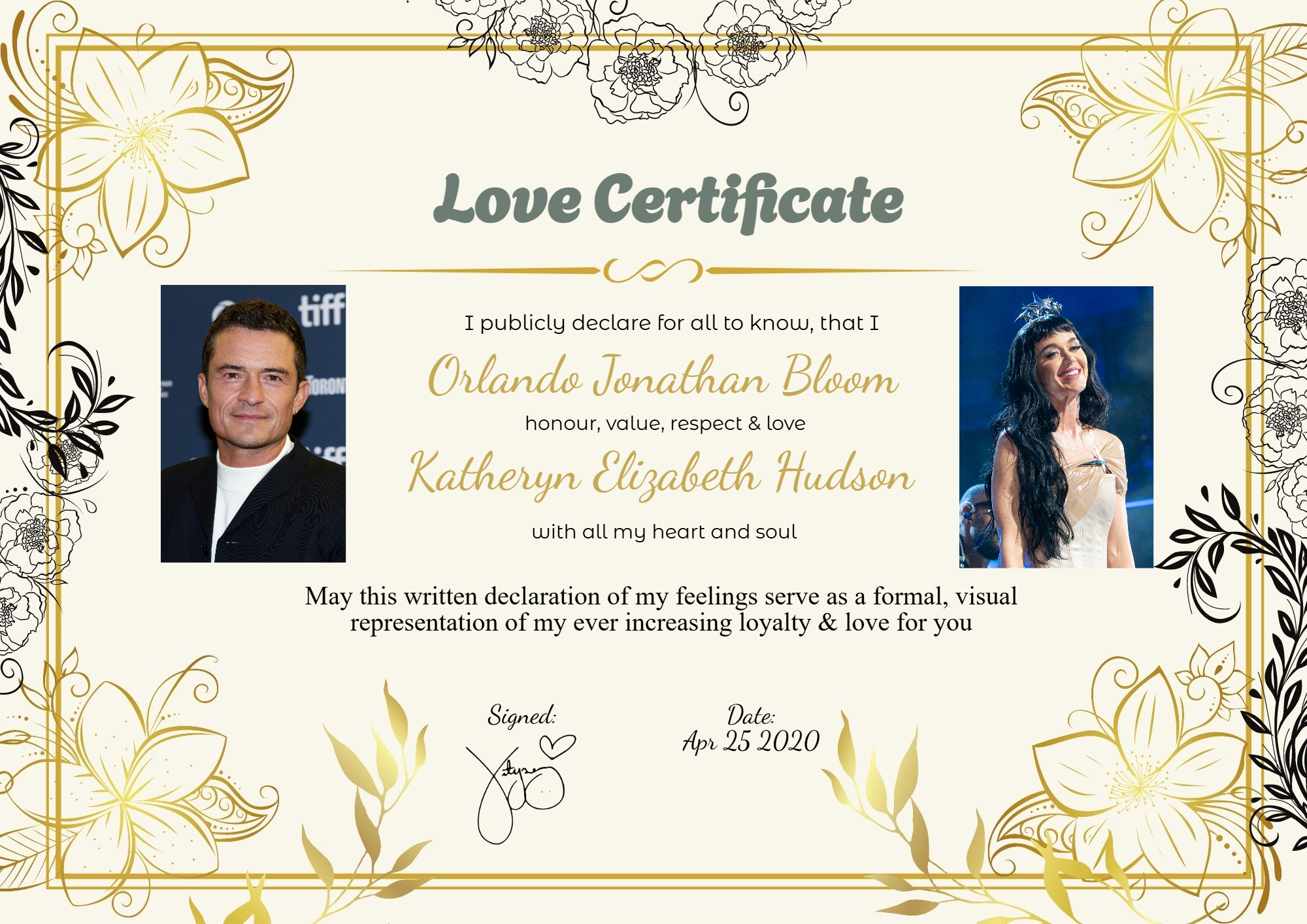 Orlando Bloom and Katy Perry love certificate romantic design