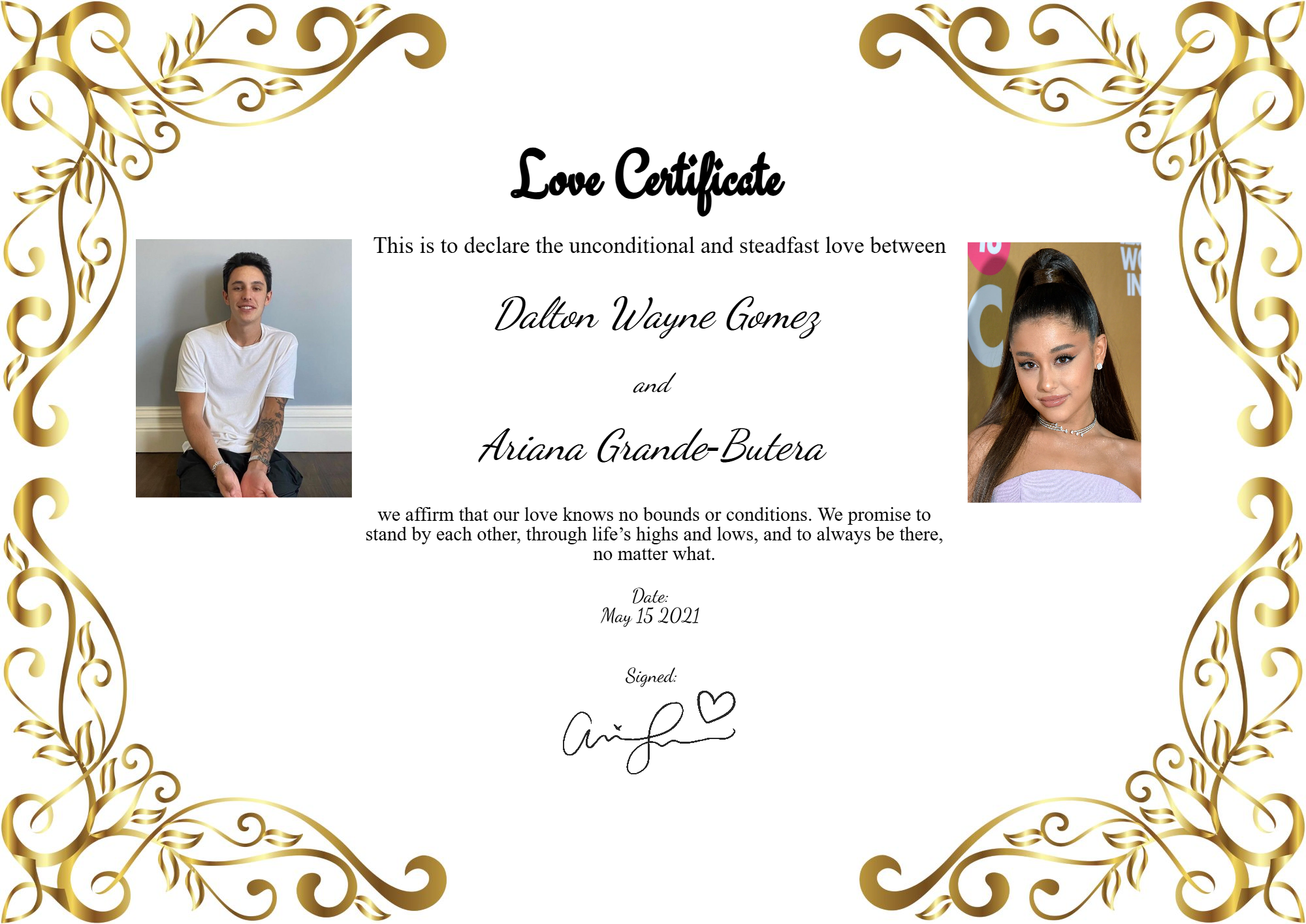 Custom-designed love certificate for Ariana Grande & Dalton Gomez wedding or anniversary