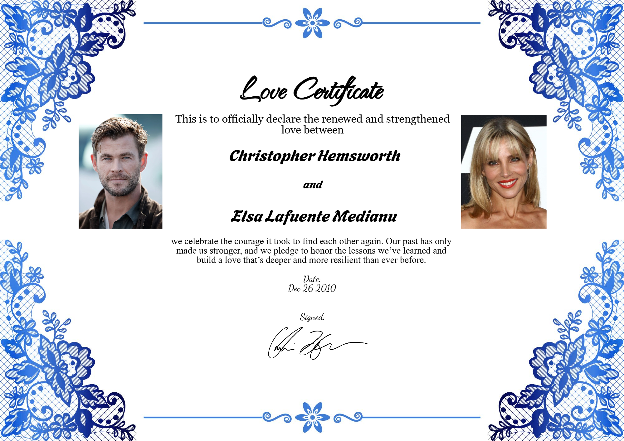 Love certificate for Chris Hemsworth and Elsa Pataky celebrating their romantic bond
