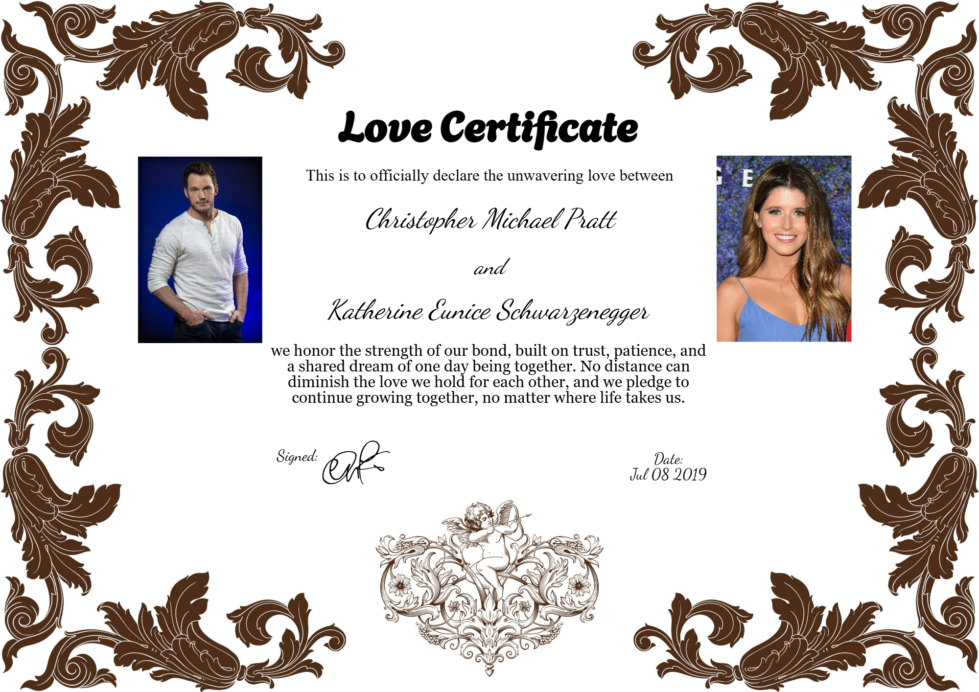 Romantic love certificate featuring Chris Pratt and Katherine Schwarzenegger