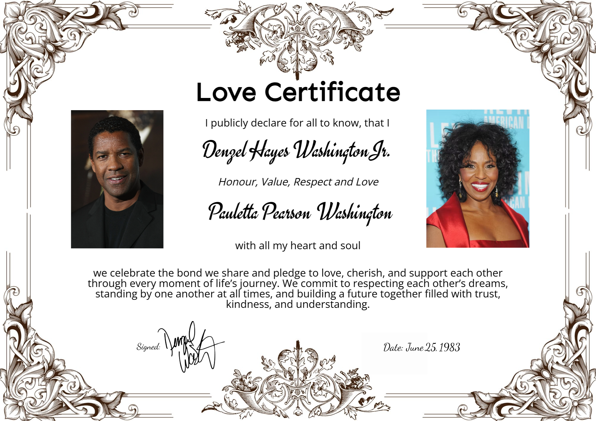 Denzel and Pauletta Washington love certificate celebrating enduring marriage