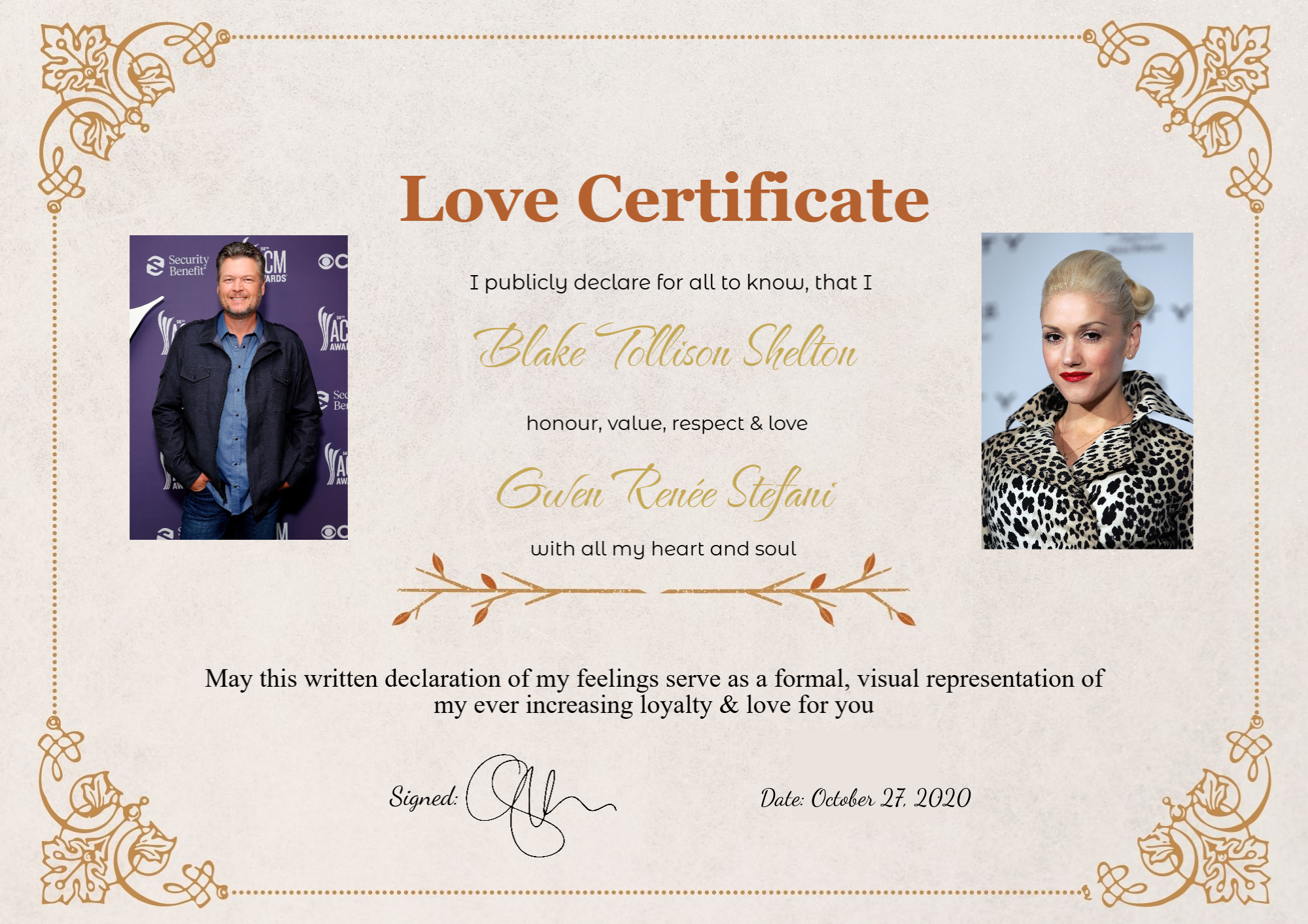 Love certificate of Gwen Stefani and Blake Shelton showcasing their romantic bond
