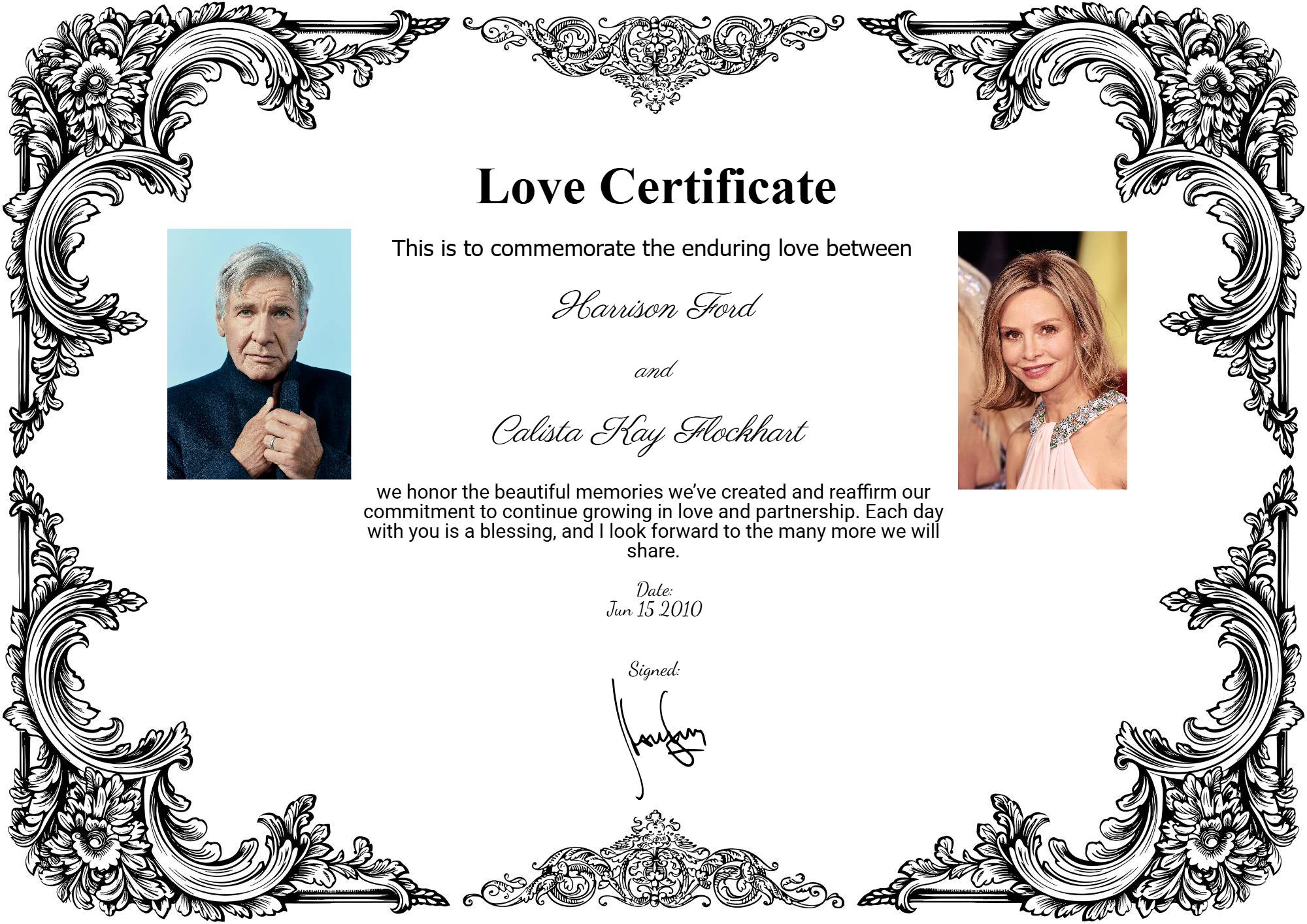 Harrison Ford and Calista Flockhart love certificate showcasing their enduring romance