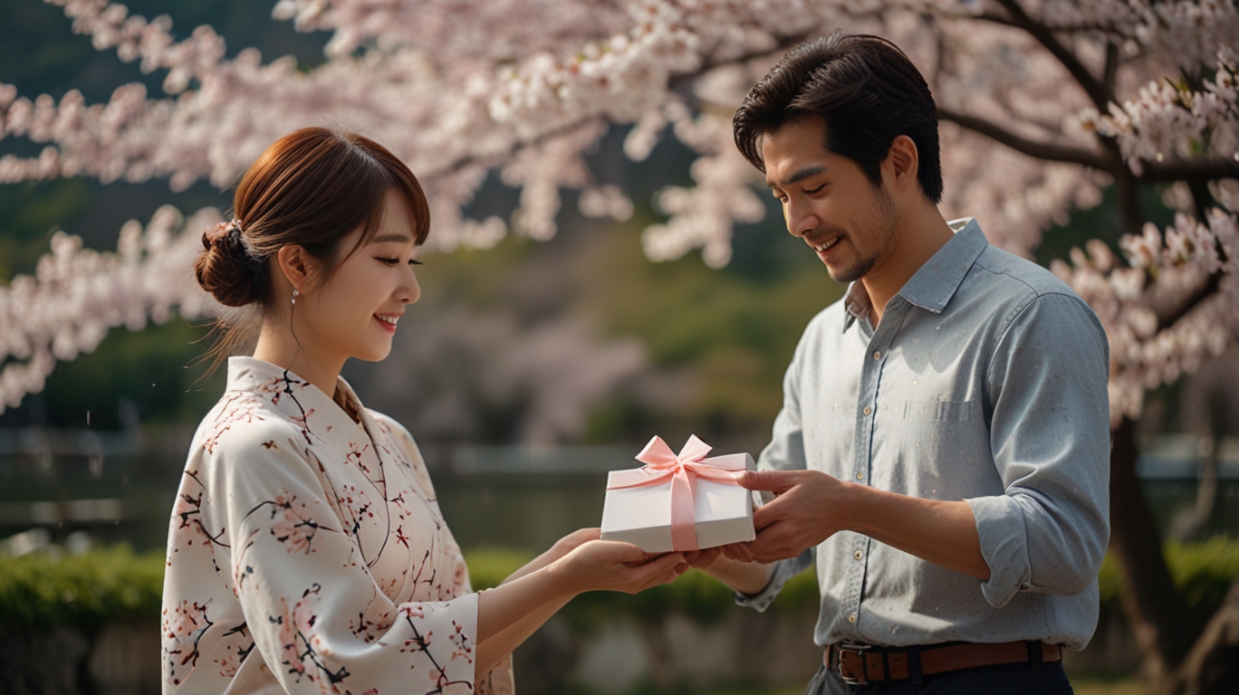 Japanese couple exchanging gifts on White Day.