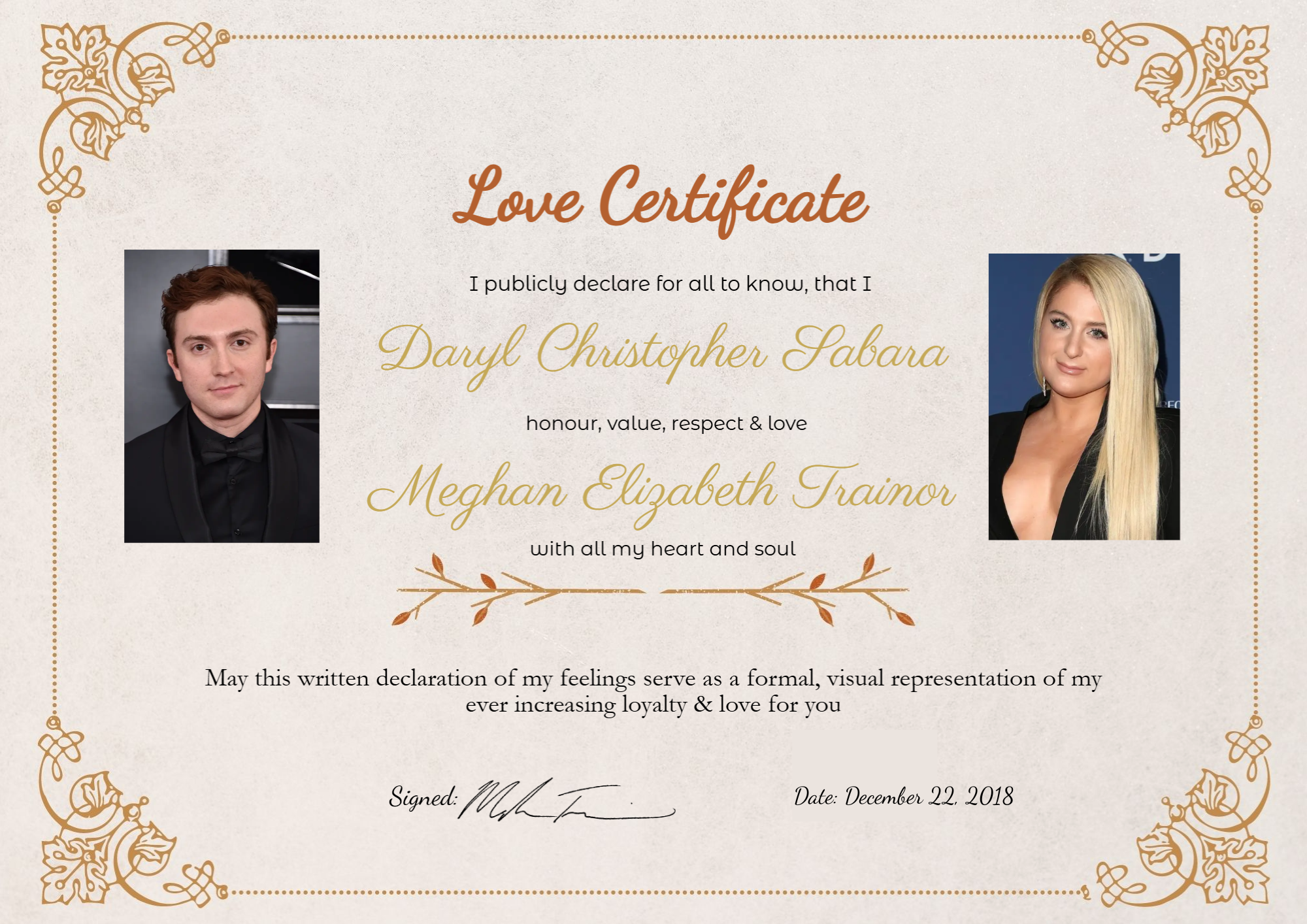 Romantic love certificate for Meghan Trainor and Daryl Sabara