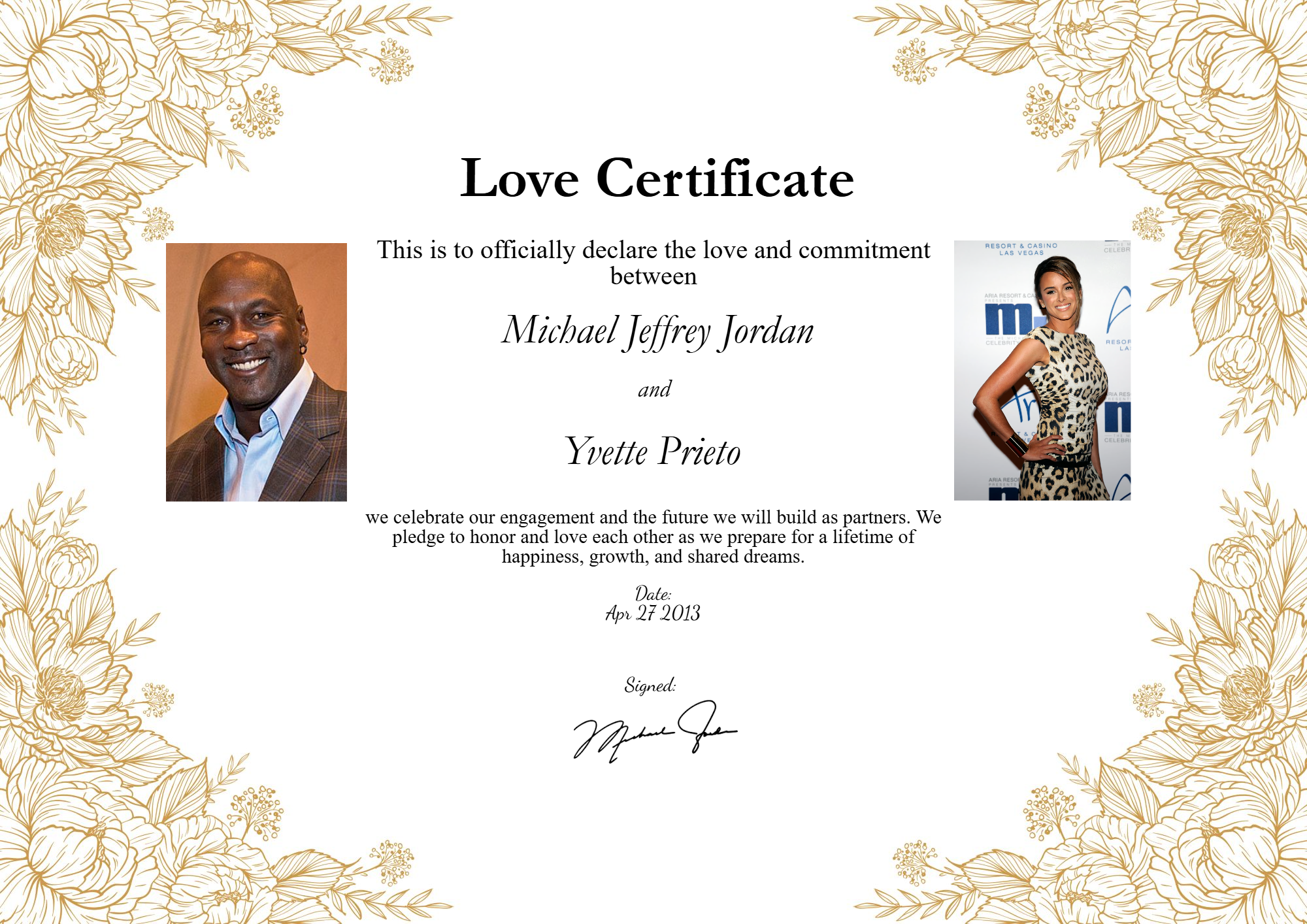 Romantic Love Certificate for Michael Jordan & Yvette Prieto