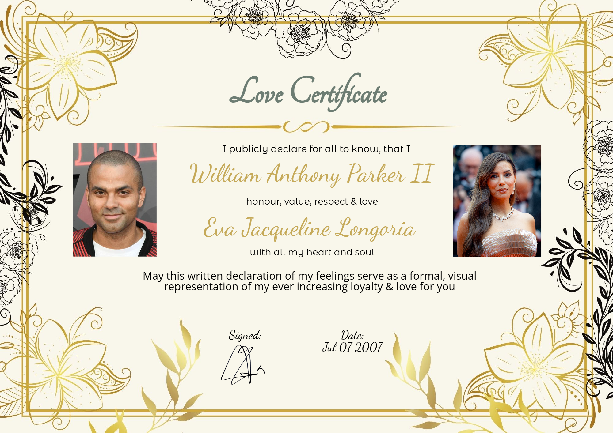 Love certificate featuring Tony Parker and Eva Longoria's romantic relationship