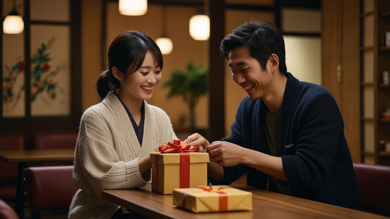 A Japanese couple exchanging carefully wrapped gifts in a softly lit café, smiling warmly, symbolizing affection and understanding.
