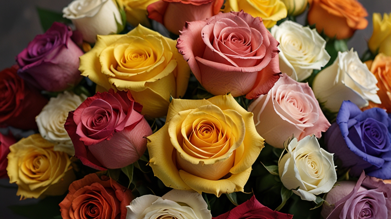 Colorful bouquet of red, yellow, white, pink, orange, and lavender roses for Rose Day in India