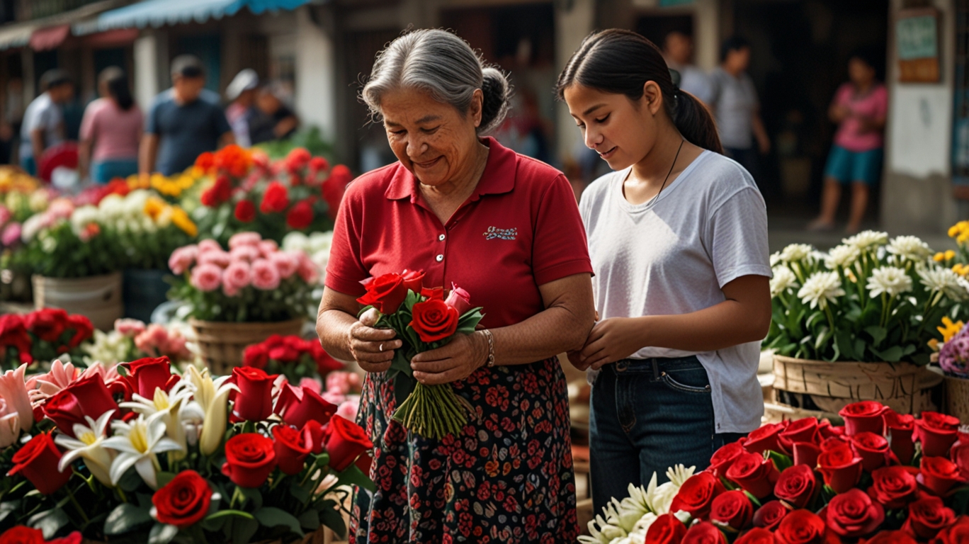 A bustling Guatemalan flower market with stalls filled with red roses, white lilies, and colorful bouquets, alongside children exchanging cards, couples giving small heartfelt gifts, and families visiting grandparents.