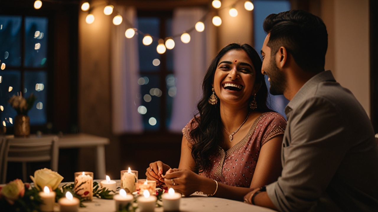 Indian couple laughing during a proposal, with a meaningful gift on the table and soft fairy lights in warm tones.