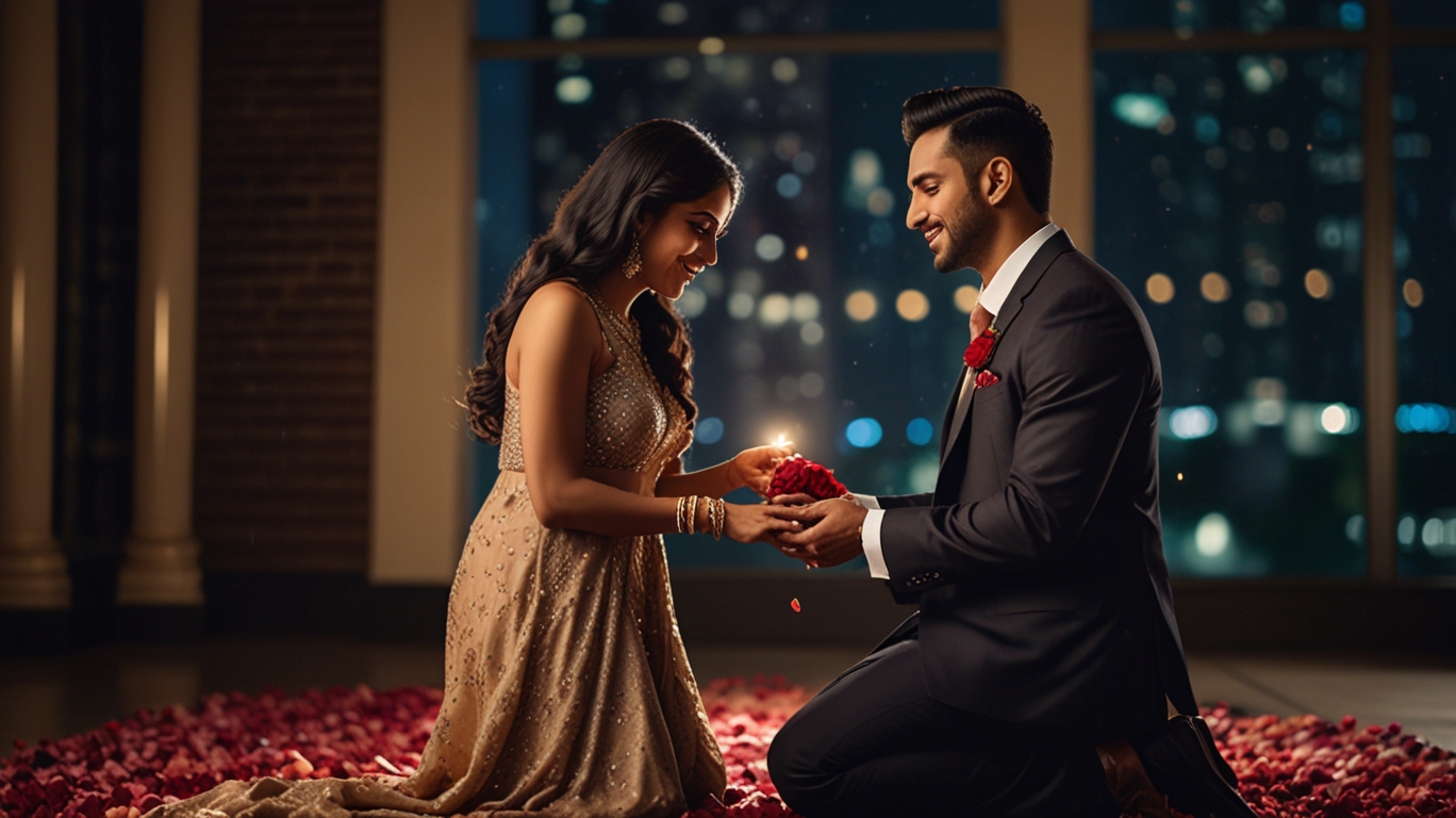 A cinematic scene of a Bollywood-inspired proposal with vibrant lighting, rose petals in the air, and a couple dressed elegantly—combining classic gestures like kneeling with a ring, but set against a modern Indian urban backdrop.