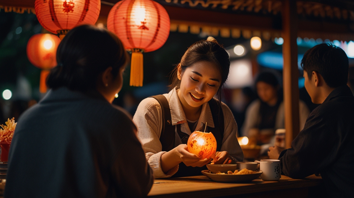 A close-up of a Japanese couple sharing festival food like candied apples and shaved ice under lantern-lit stalls.