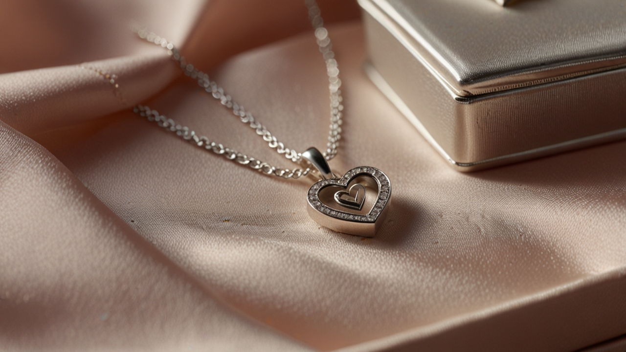 A close-up of a small jewelry box opened to reveal a delicate silver necklace with a heart pendant, placed on a silk cloth beside a gift card.