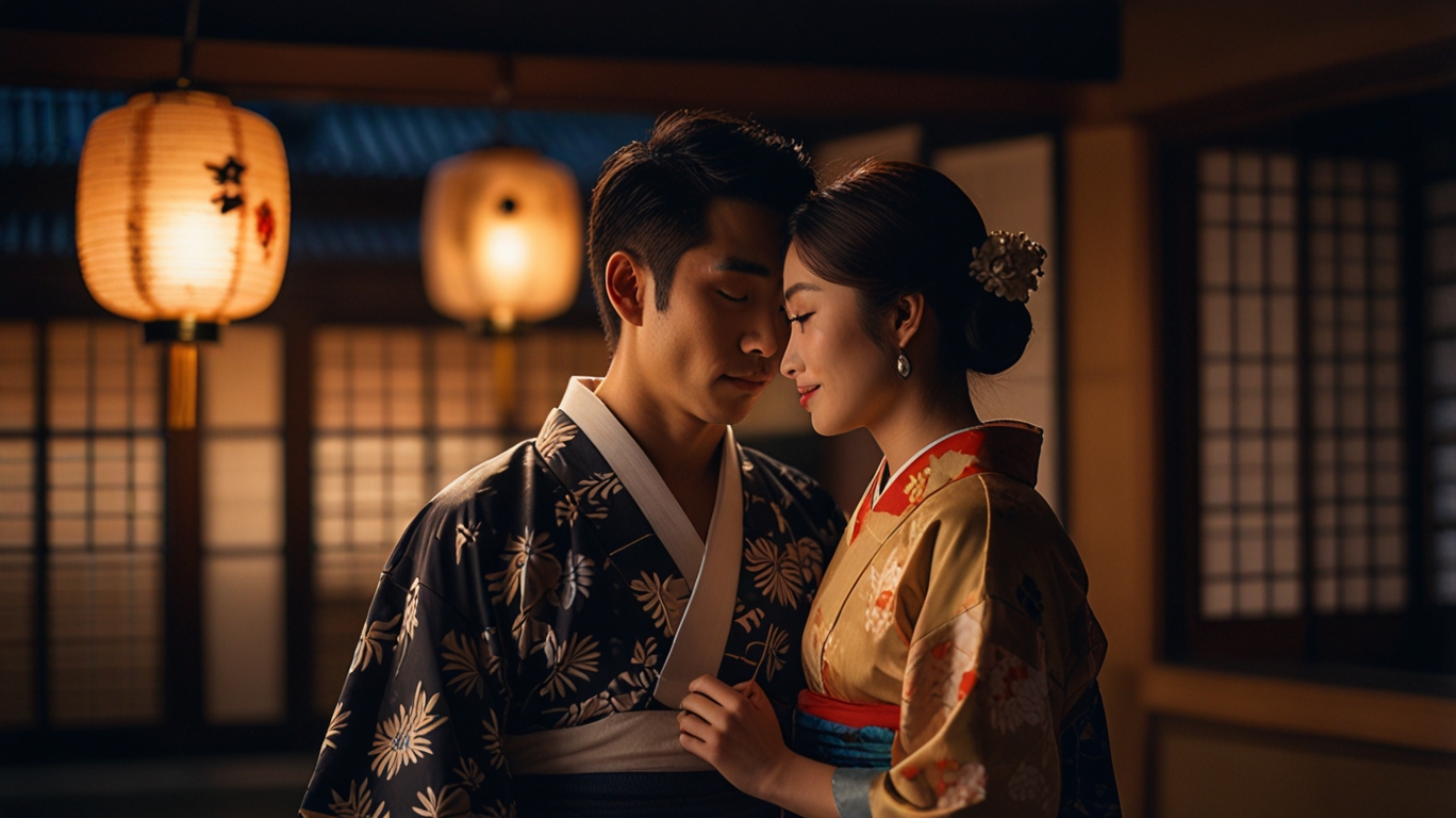 A close-up of a young Japanese couple adjusting each other’s yukata and obi under soft lantern light, with a backdrop of traditional Kyoto streets.
