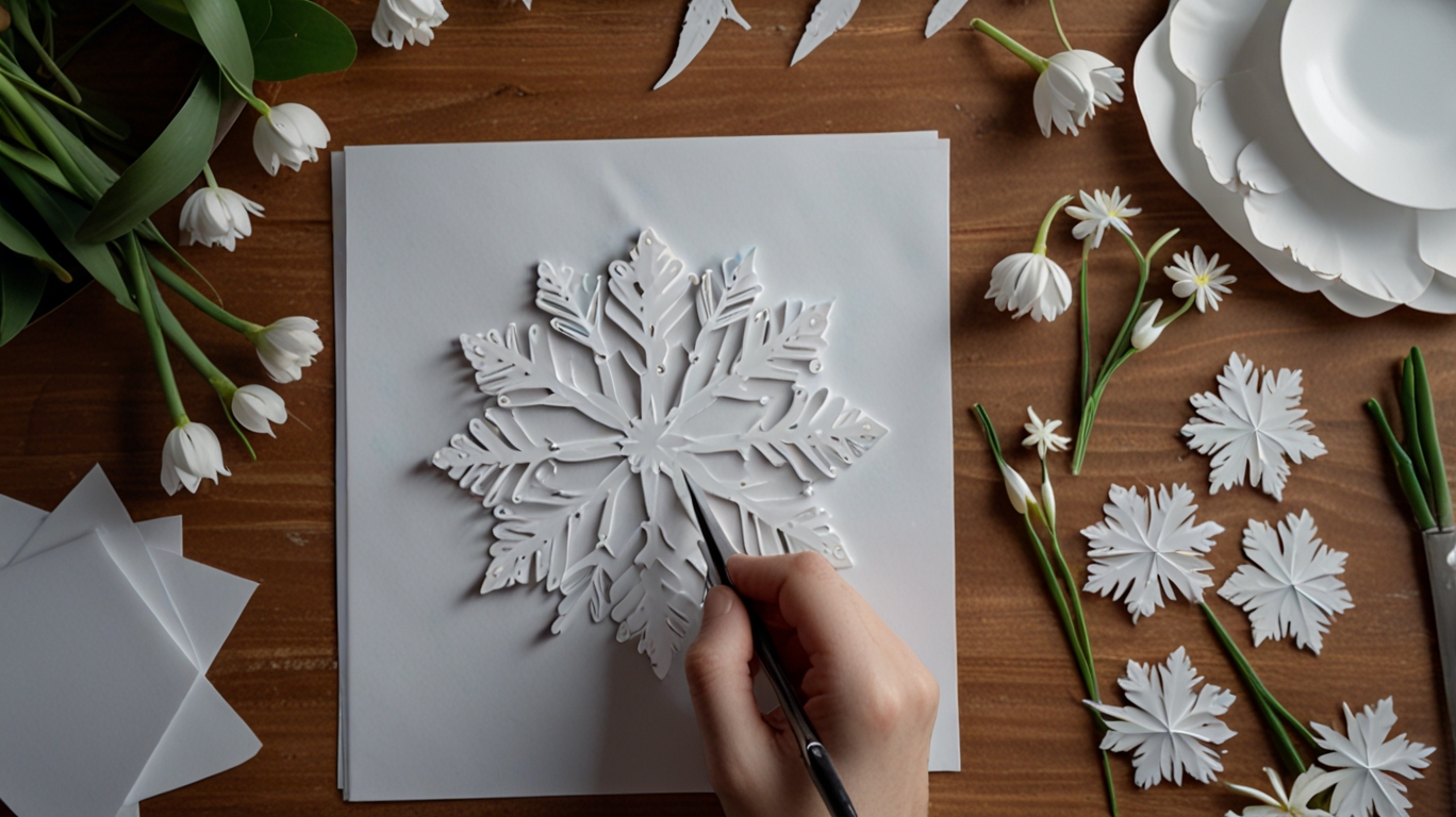 Hands folding and cutting white paper into snowflake patterns with scissors, ribbons, and snowdrop flowers on a table.