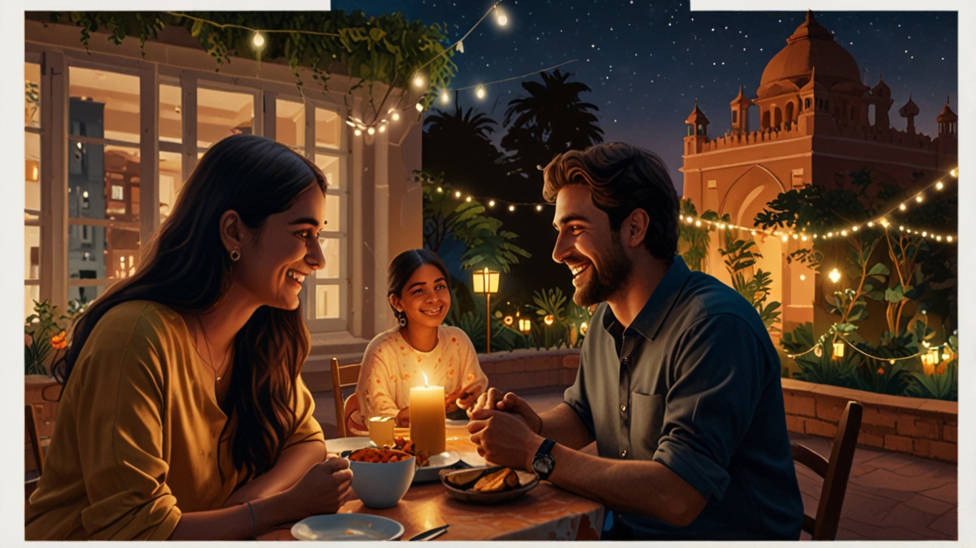 A collage-style illustration showing different proposal settings in India: a candlelit dinner, a park with flowers, a rooftop with fairy lights, and a couple smiling while chatting over a video call.