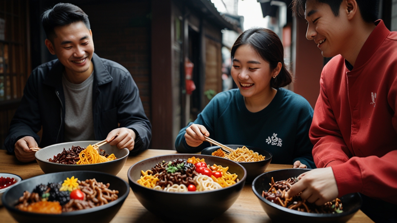 Couple exchanging chocolates and flowers on Valentine’s Day contrasted with happy singles eating jjajangmyeon on Black Day.