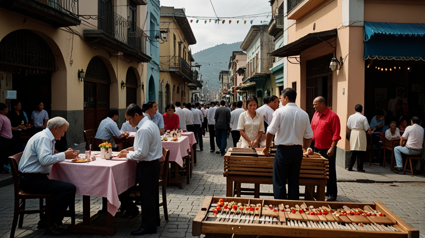 A contrast scene showing Guatemala City with upscale restaurants hosting Valentine’s dinners, while in a small town, families gather in a plaza with marimba players, food stalls, and traditional decorations.