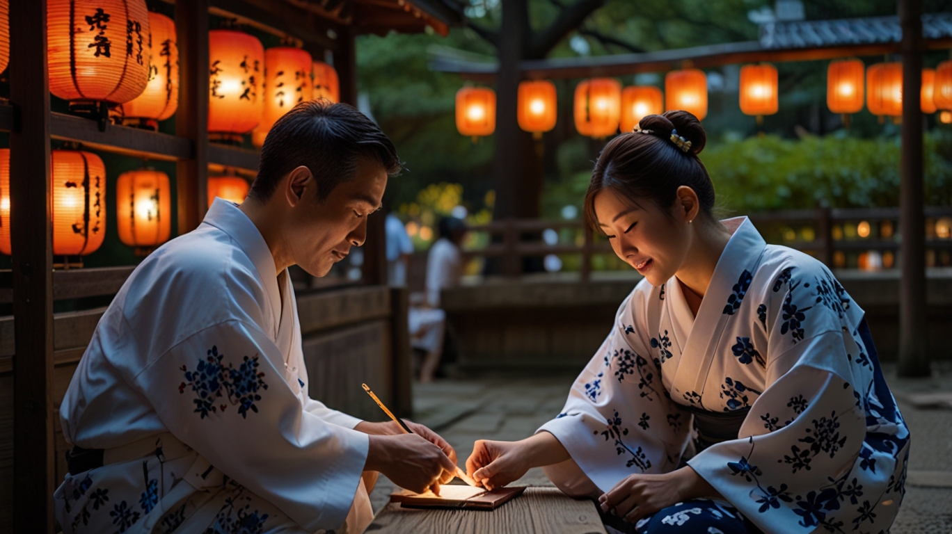 A couple in yukata writing wishes on an ema at Yasaka Shrine, surrounded by hanging wooden plaques and glowing lanterns.