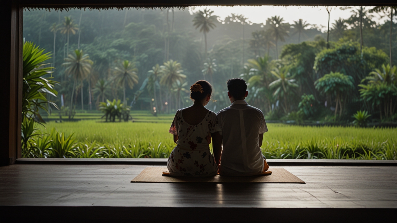 A couple sits by a window holding hands during Nyepi, with soft light filling the room and a peaceful outdoor view in the background.