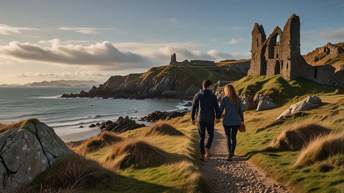 Couple holding hands and lovespoons, walking along Llanddwyn Island coastline with ancient church ruins, cliffs, and ocean in the background.
