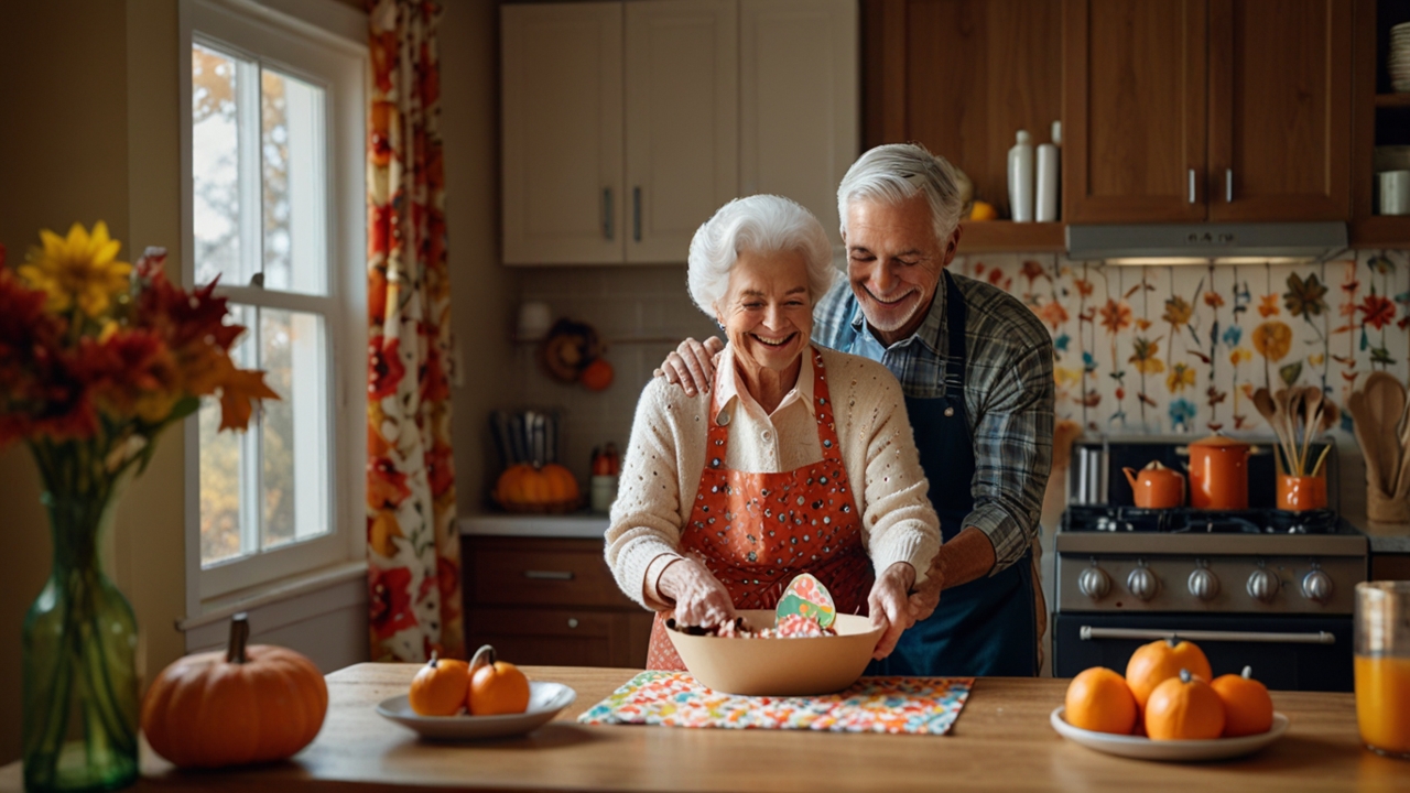 A cozy kitchen scene with a couple baking together, kids wrapping candy in colorful paper, and an elderly neighbor receiving a small gift bag with a smile. Autumn décor in the background.