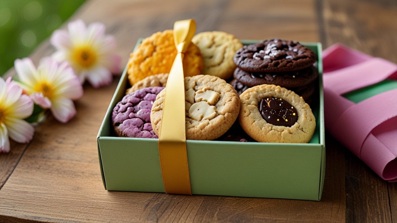 A decorative box of assorted cookies tied with a golden ribbon, placed on a wooden table with a soft springtime background.