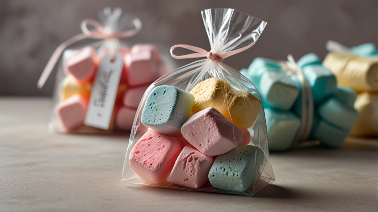 A delicate package of pastel-colored marshmallows wrapped in transparent cellophane, displayed with a White Day tag, soft lighting.
