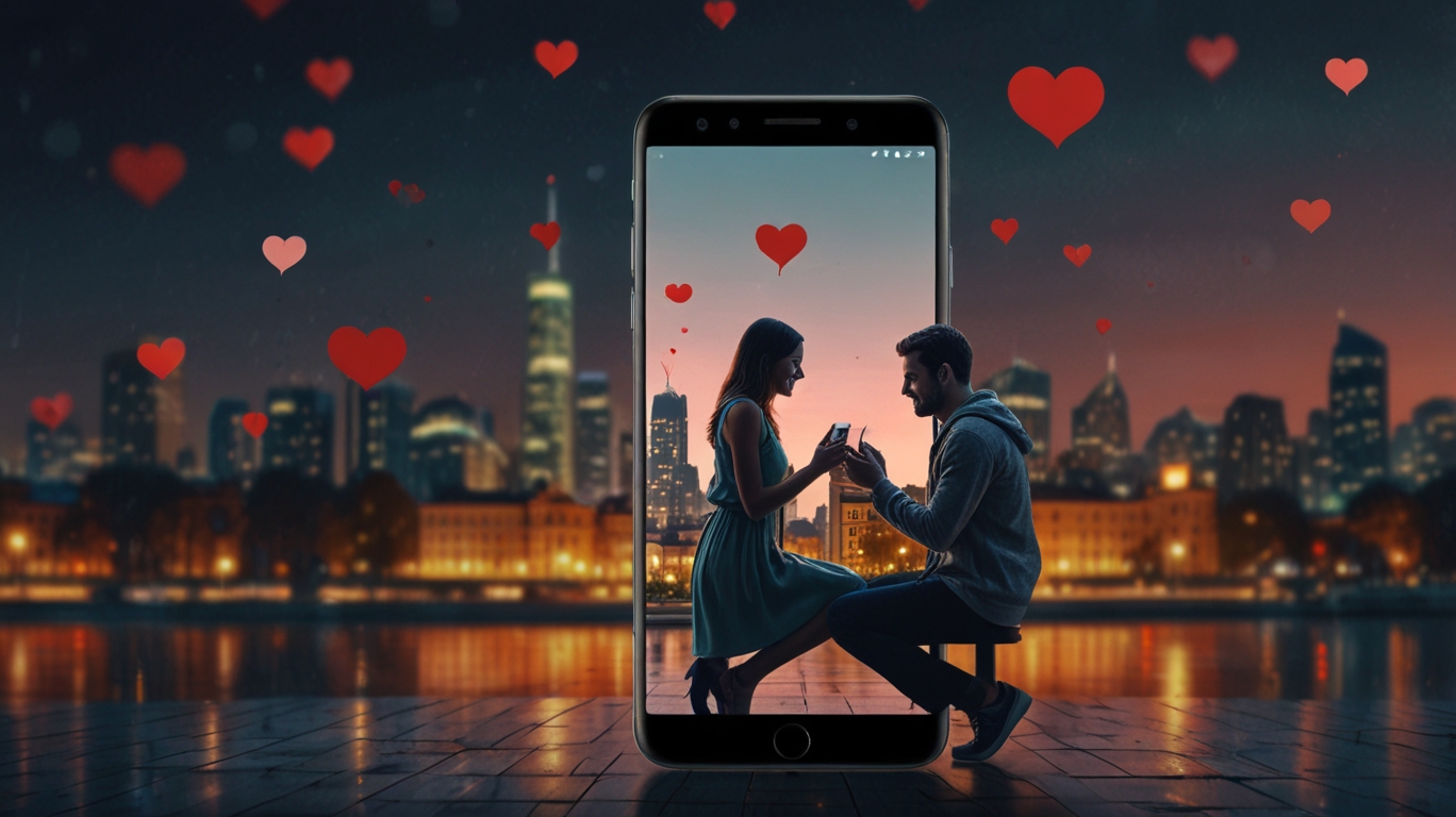A digital-themed artwork of a couple’s proposal being recorded on a smartphone, with social media icons like Instagram and WhatsApp subtly integrated in the background, symbolizing the online sharing of love stories.